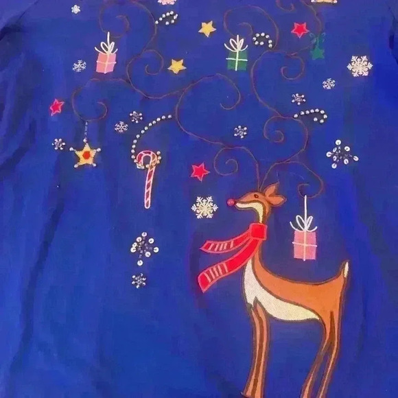 Christmas Winter Holiday Long Sleeve Tee embroidered sequins beading size Small - Picture 8 of 9